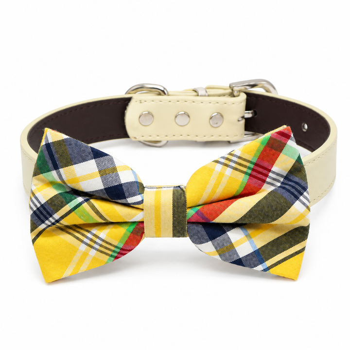 Yellow Plaid Dog Bow Tie Collar with Adjustable Cream Vegan Leather Collar