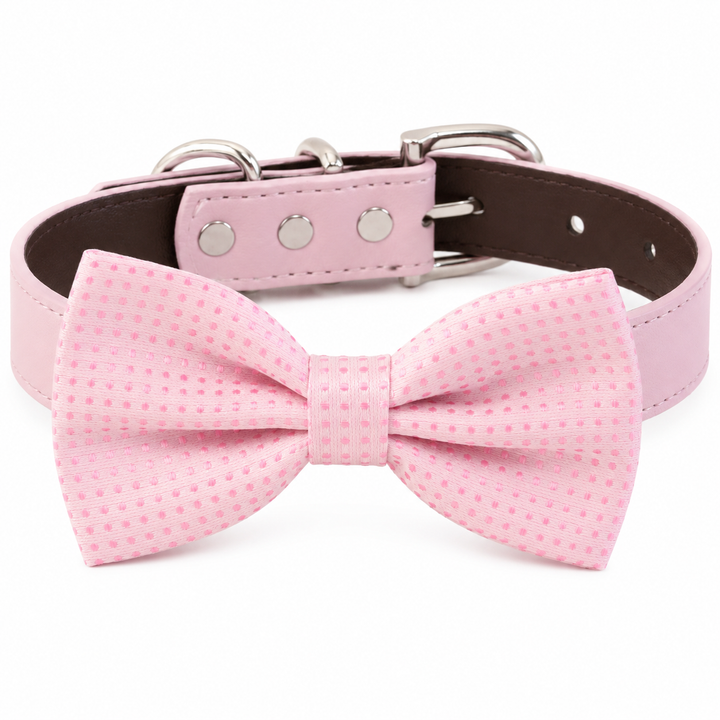 Soft Pink Polka Dot Dog Bow Tie Collar with Adjustable Pink Vegan Leather Collar