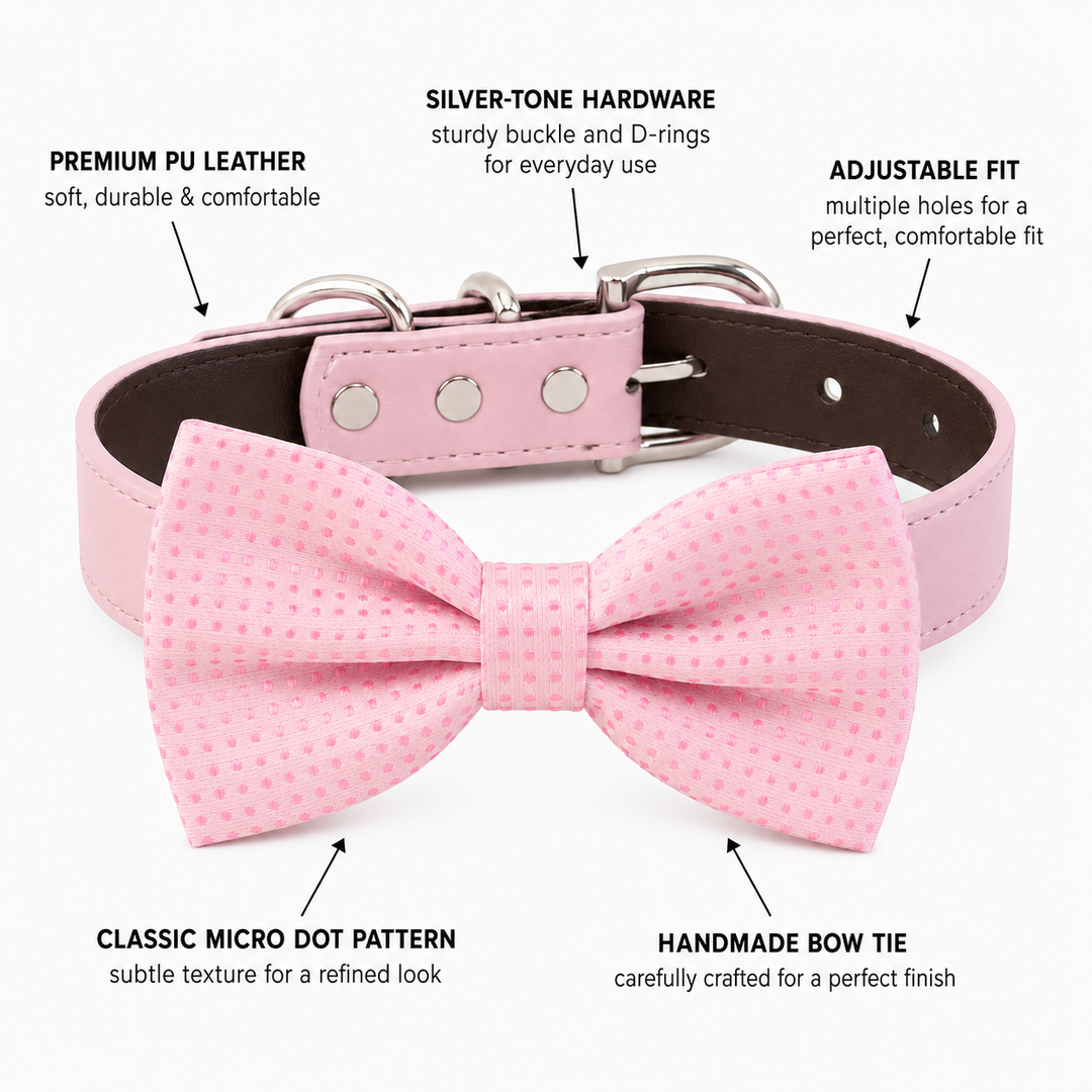Soft Pink Polka Dot Dog Bow Tie Collar with Adjustable Pink Vegan Leather Collar