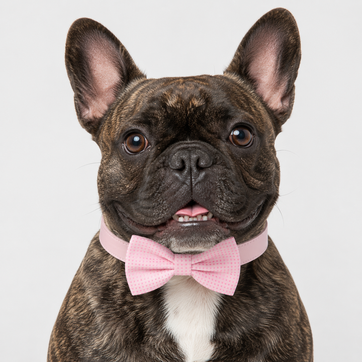 Soft Pink Polka Dot Dog Bow Tie Collar with Adjustable Pink Vegan Leather Collar