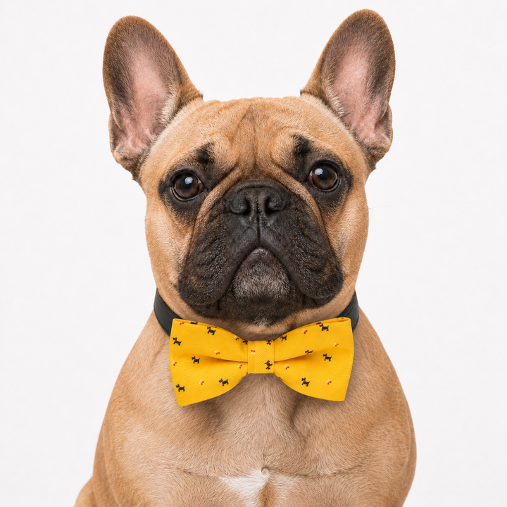 Yellow Scottish Terrier Dog Bow Tie Collar with Adjustable Black Vegan Leather Collar