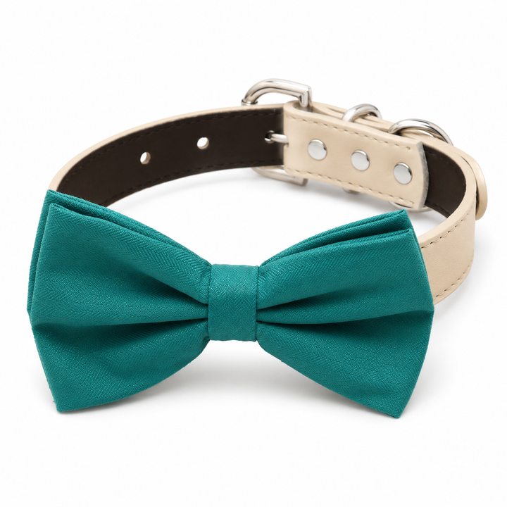 Teal Satin Dog Bow Tie Collar with Adjustable Beige Vegan Leather Collar