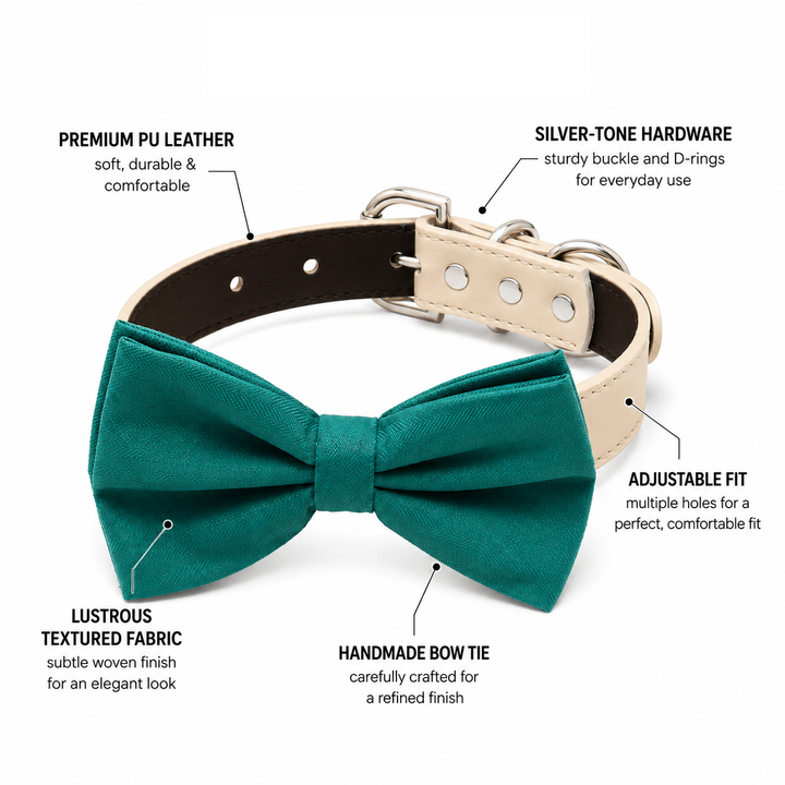 Teal Satin Dog Bow Tie Collar with Adjustable Beige Vegan Leather Collar