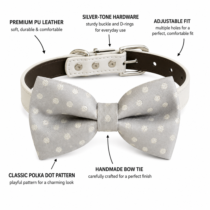 Silver Polka Dot Dog Bow Tie Collar with Adjustable White Vegan Leather Collar