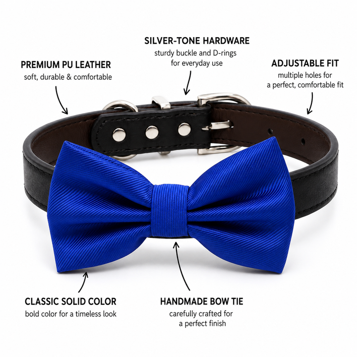Royal Blue Satin Dog Bow Tie Collar with Adjustable Black Vegan Leather Collar