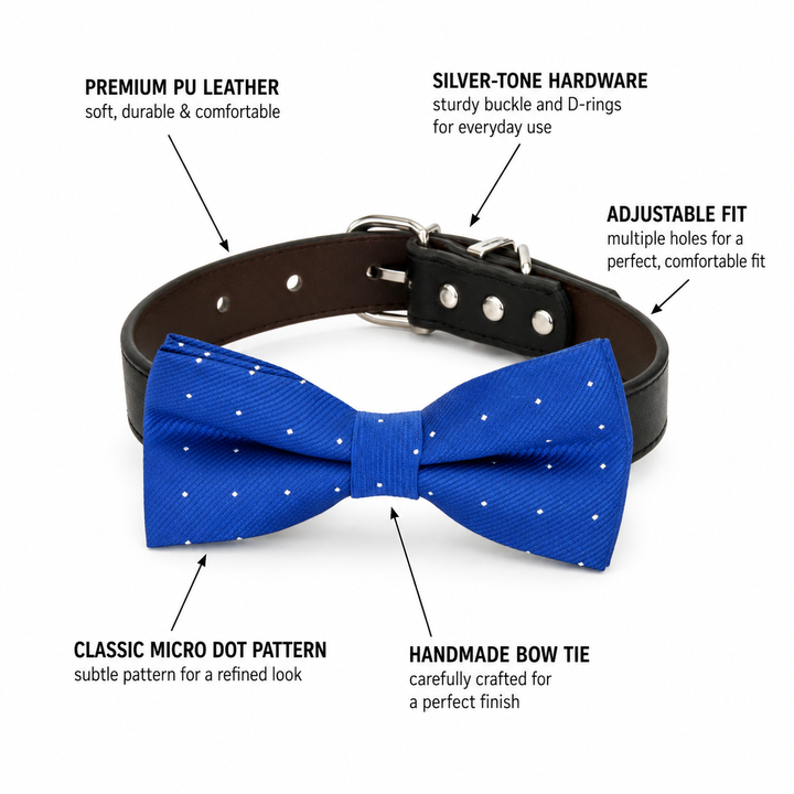 Royal Blue Polka Dot Dog Bow Tie Collar with Adjustable Black Vegan Leather Collar