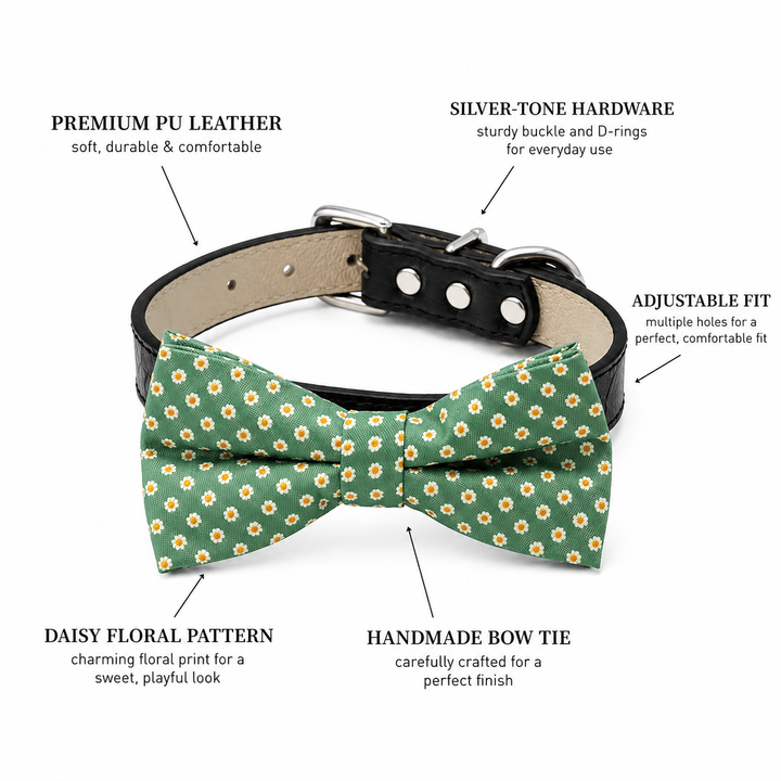 Sage Green Daisy Dog Bow Tie Collar with Adjustable Black Vegan Leather Collar