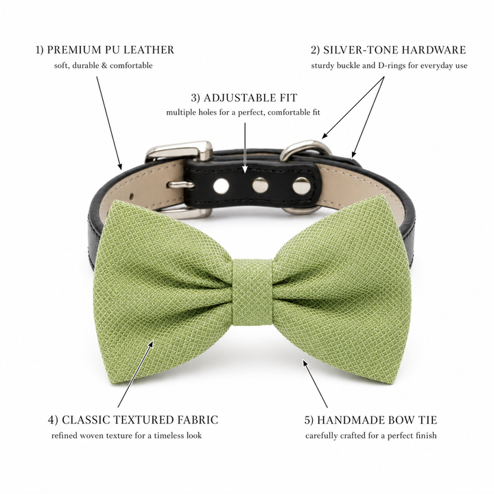 Sage Green Dog Bow Tie Collar with Adjustable Vegan Leather Collar for Dogs & Puppies