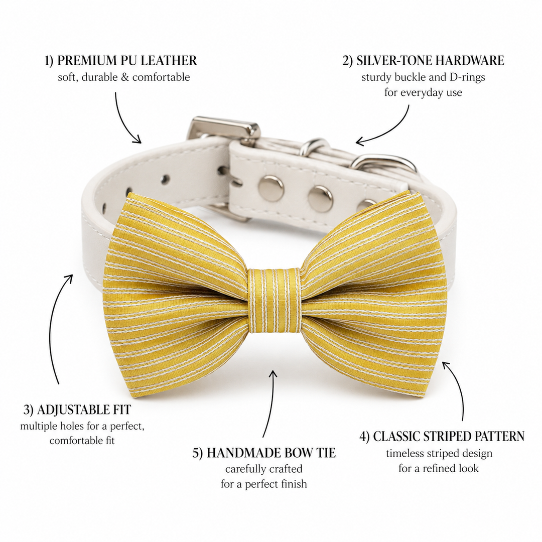 Yellow Striped Dog Bow Tie Collar with Adjustable Vegan Leather Collar for Dogs & Puppies