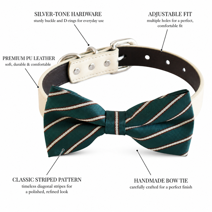 Teal Striped Dog Bow Tie Collar with Adjustable Vegan Leather Collar for Dogs & Puppies