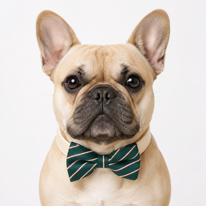 Teal Striped Dog Bow Tie Collar with Adjustable Vegan Leather Collar for Dogs & Puppies