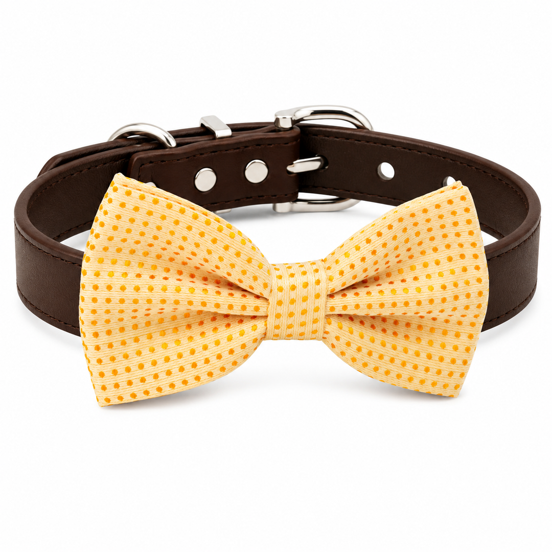 Yellow Polka Dot Dog Bow Tie Collar with Adjustable Brown Vegan Leather Collar