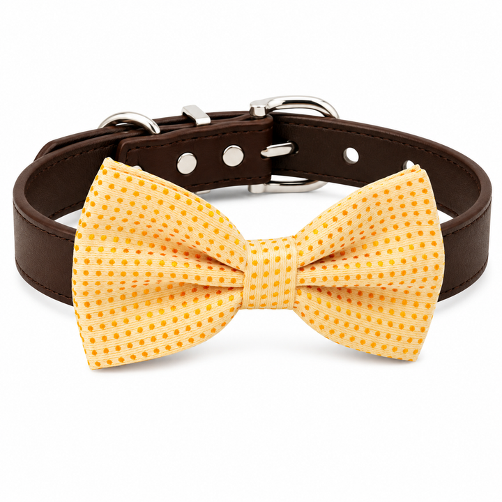 Yellow Polka Dot Dog Bow Tie Collar with Adjustable Brown Vegan Leather Collar