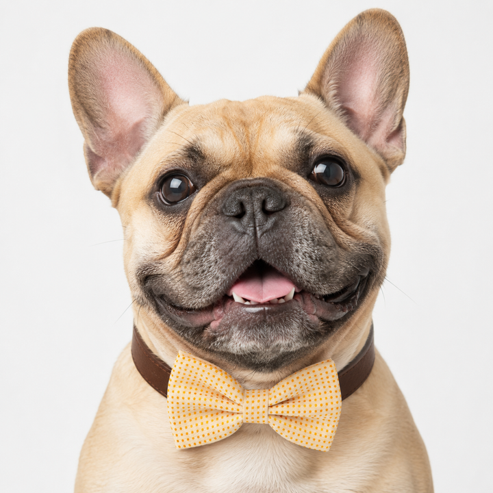 Yellow Polka Dot Dog Bow Tie Collar with Adjustable Brown Vegan Leather Collar