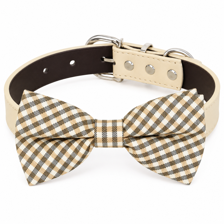Beige Plaid Dog Bow Tie Collar with Adjustable Vegan Leather Collar for Dogs & Puppies
