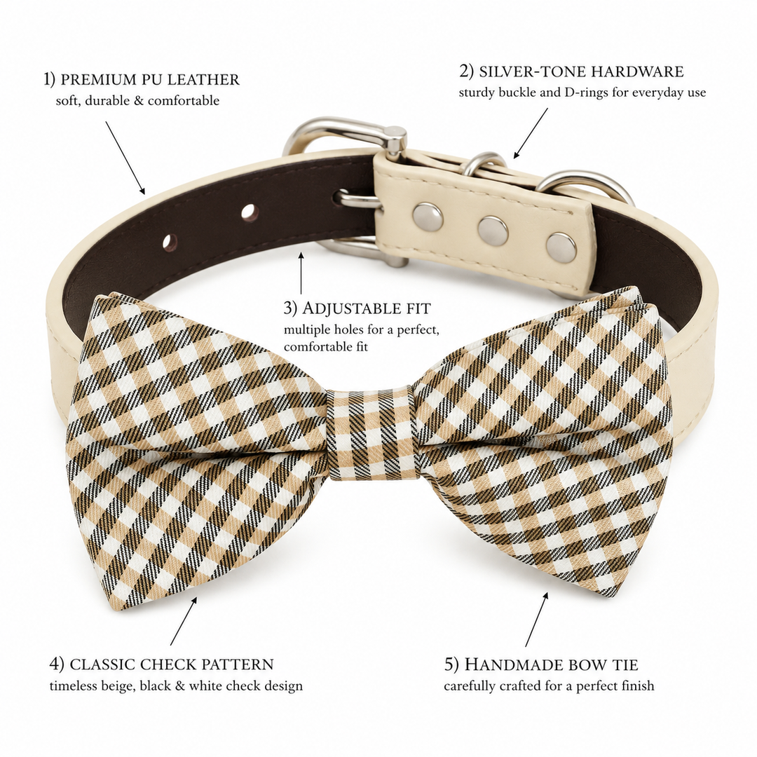 Beige Plaid Dog Bow Tie Collar with Adjustable Vegan Leather Collar for Dogs & Puppies