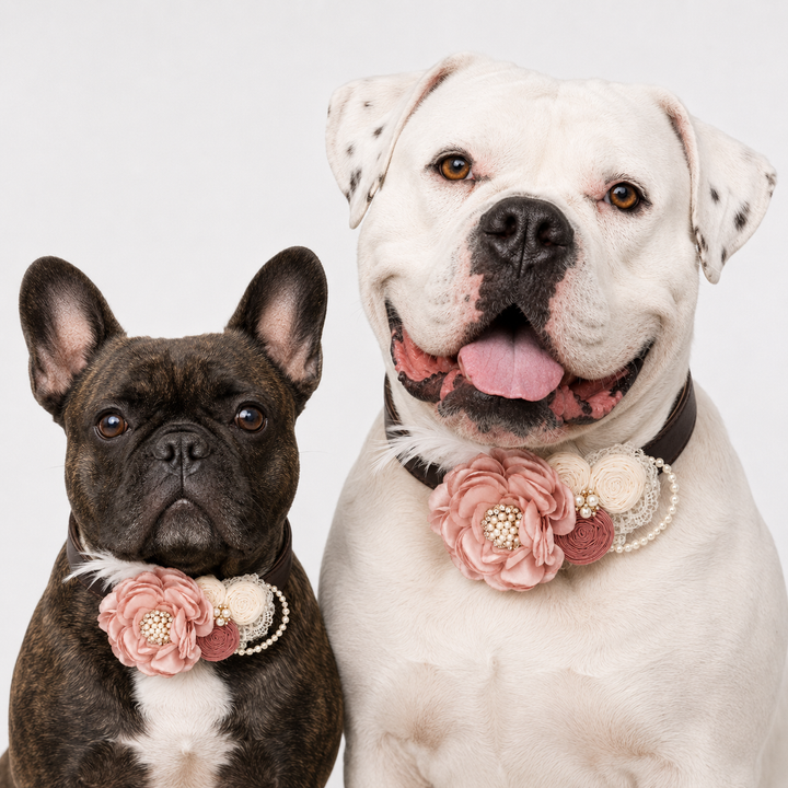 Blush Pink Floral Dog Collar with Pearl Accent and Feather Detail