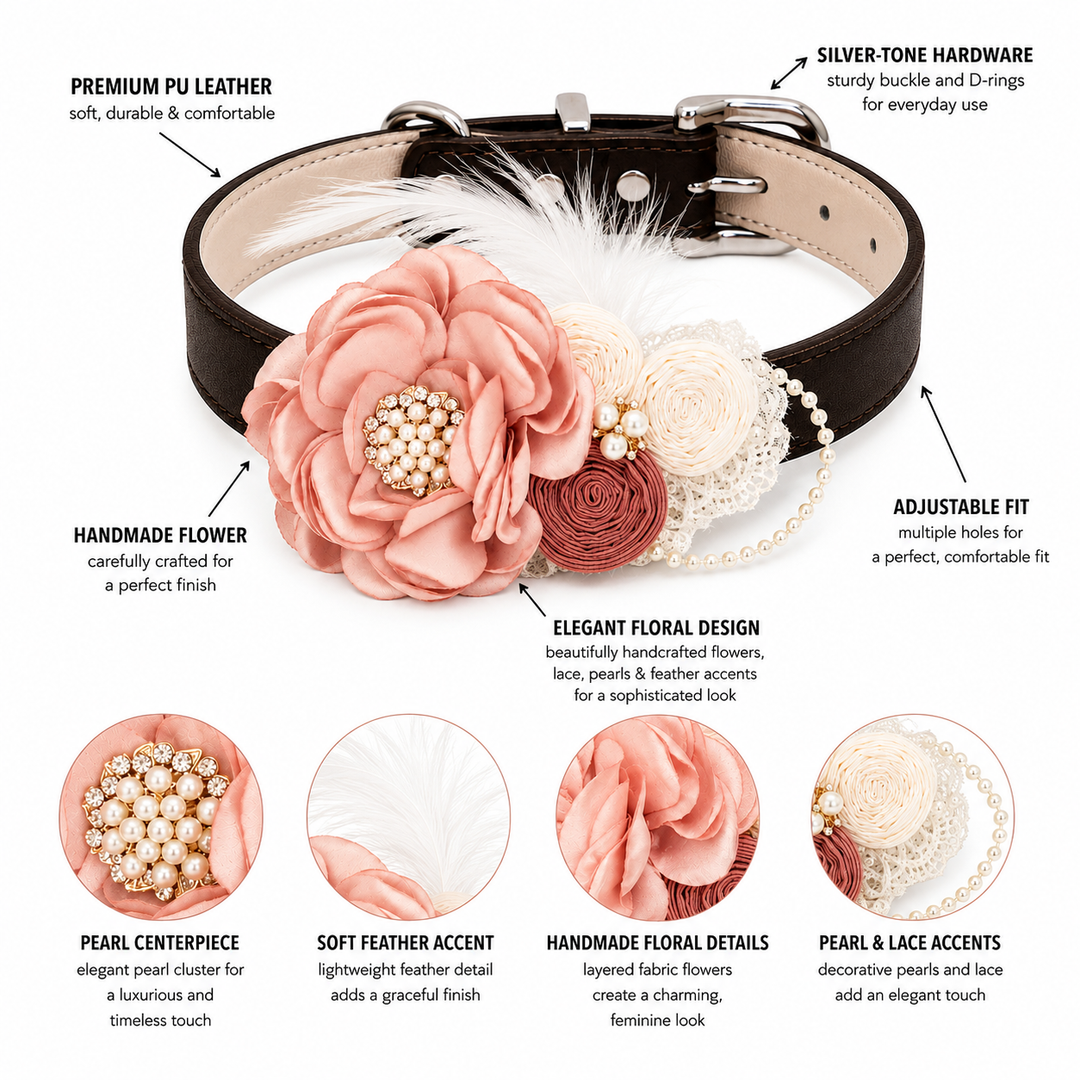 Blush Pink Floral Dog Collar with Pearl Accent and Feather Detail