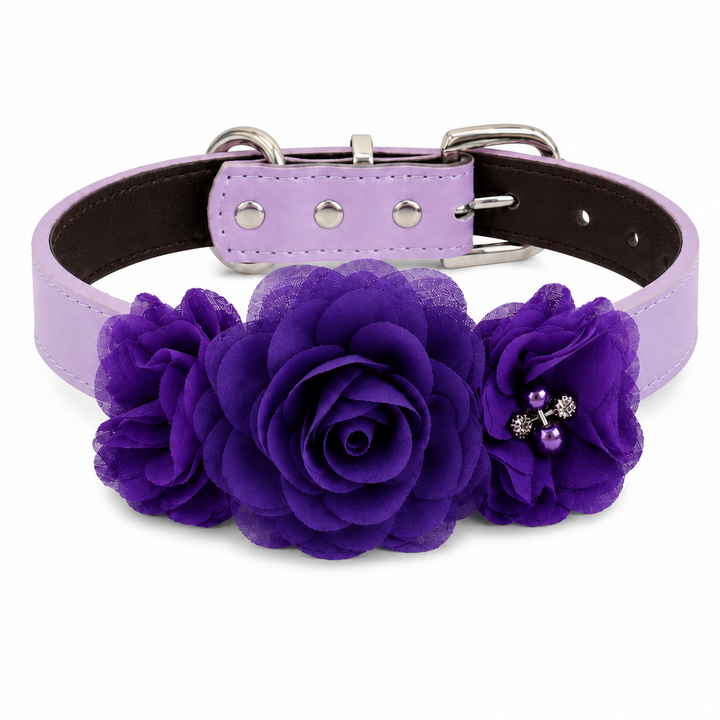 Purple Floral Dog Collar with Layered Rose Design and Pearl Accent