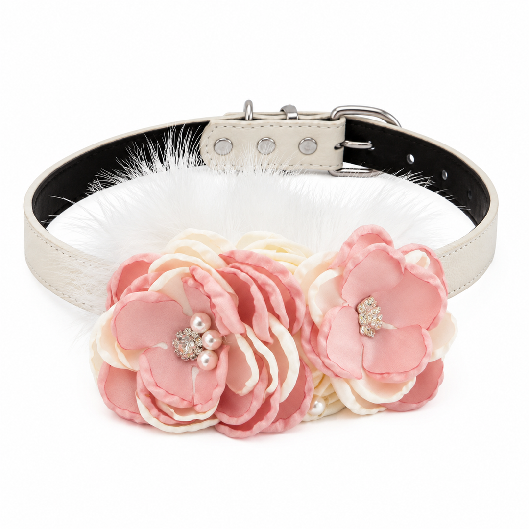 Blush Pink and Ivory Floral Dog Collar with Pearl Accent and Feather Detail