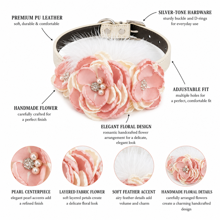 Blush Pink and Ivory Floral Dog Collar with Pearl Accent and Feather Detail