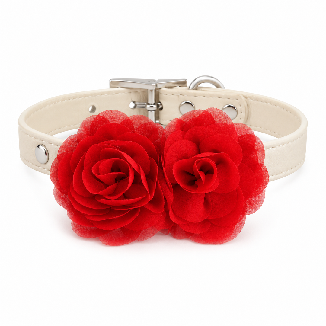 Red Floral Dog Collar with Layered Rose Design