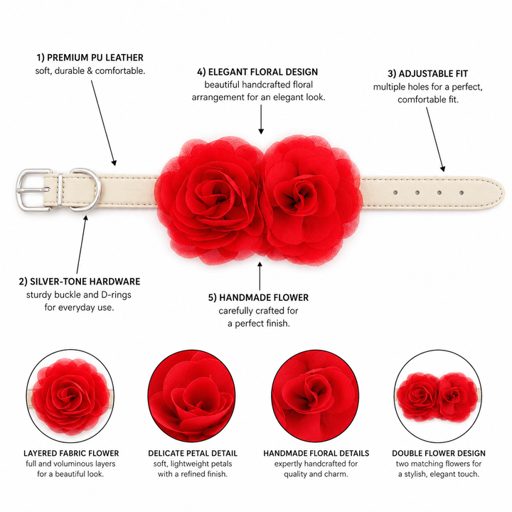 Red Floral Dog Collar with Layered Rose Design