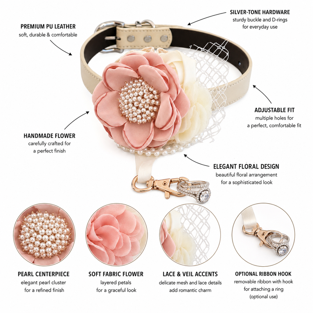 Blush Pink and Ivory Floral Dog Collar with Pearl Accent and Ring Holder