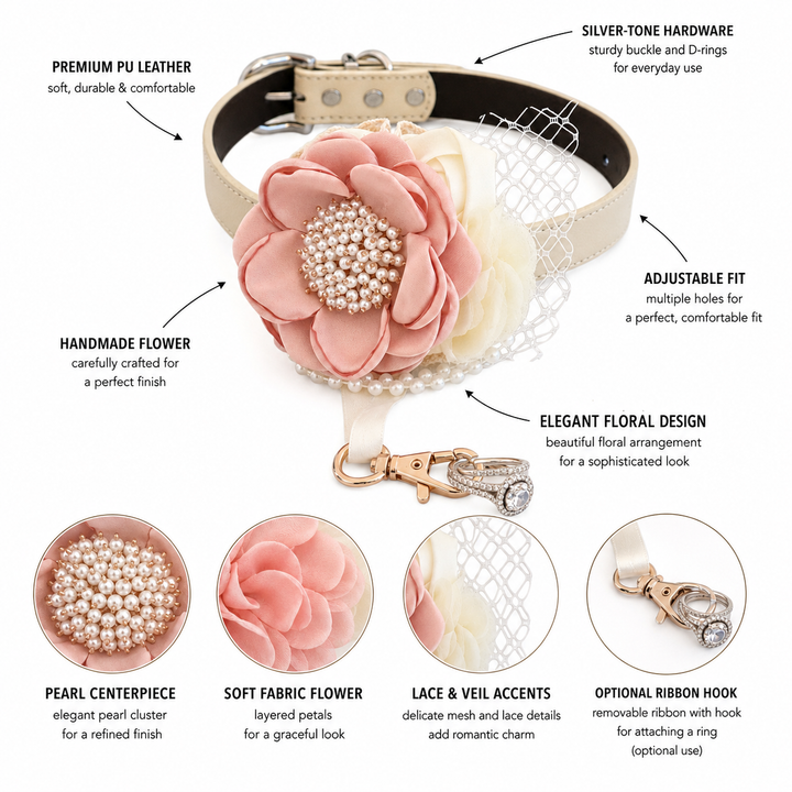 Blush Pink and Ivory Floral Dog Collar with Pearl Accent and Ring Holder