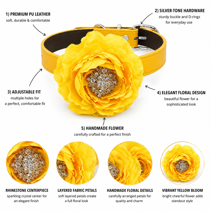 Yellow Floral Dog Collar with Crystal Center Flower Design