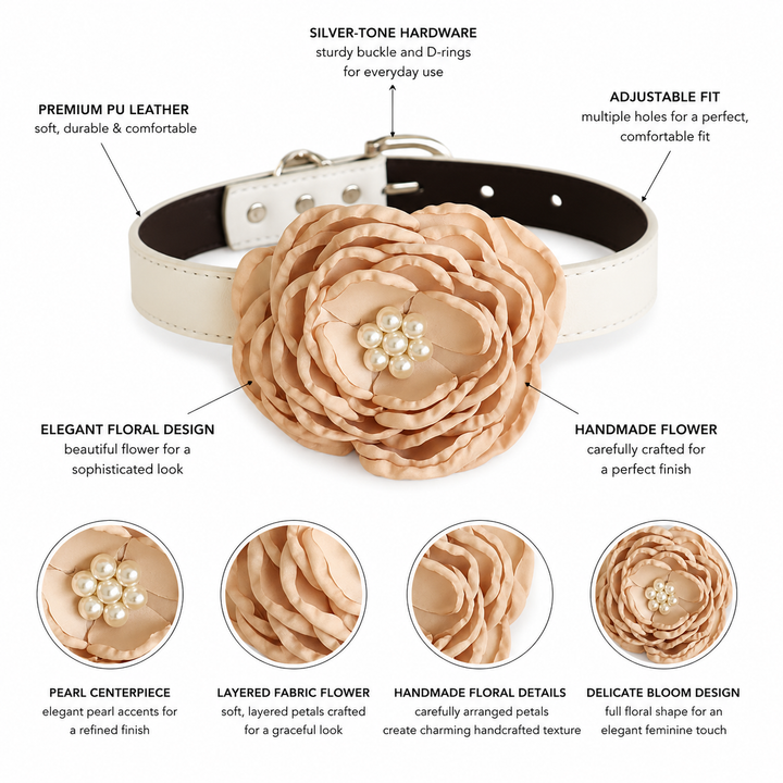 Champagne Floral Dog Collar with Pearl Center Flower Design