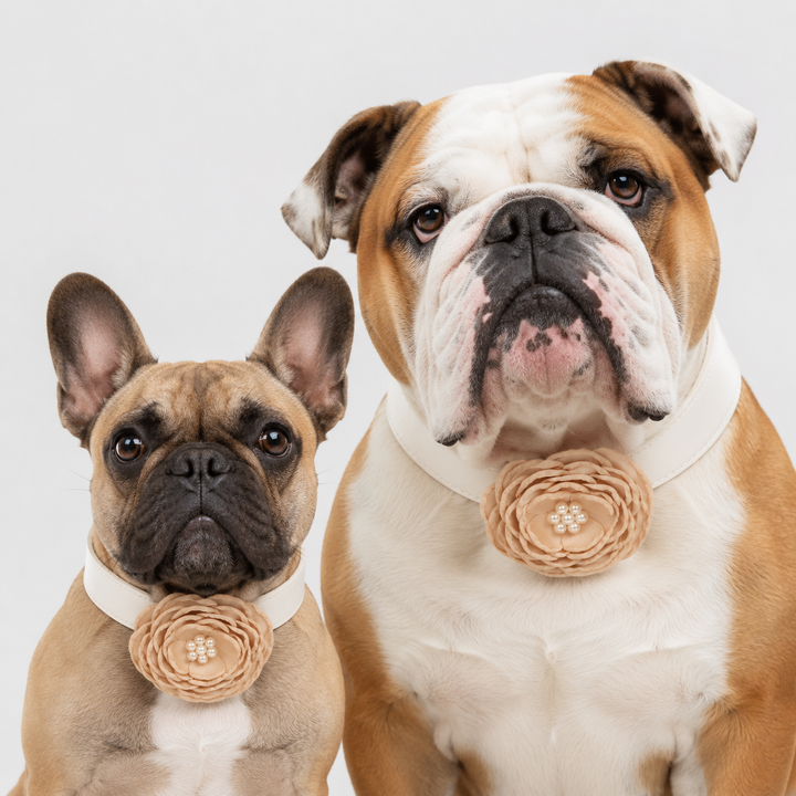 Champagne Floral Dog Collar with Pearl Center Flower Design