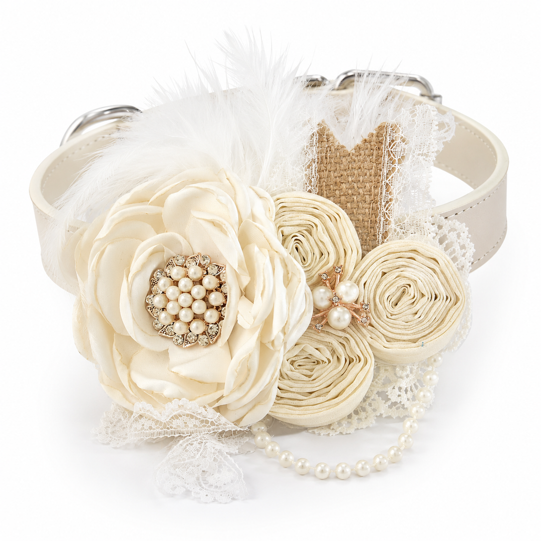 Ivory Floral Dog Collar with Lace Accent and Pearl Detail