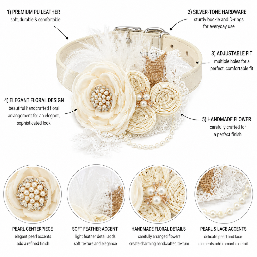 Ivory Floral Dog Collar with Lace Accent and Pearl Detail