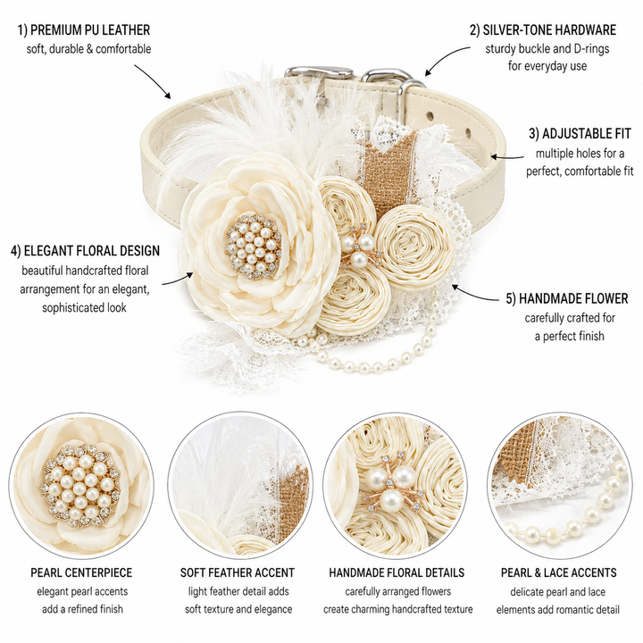 Ivory Floral Dog Collar with Lace Accent and Pearl Detail