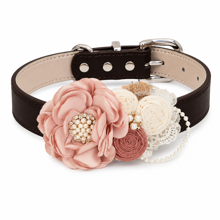 Blush Pink and Ivory Floral Dog Collar with Pearl Details and Lace Accents
