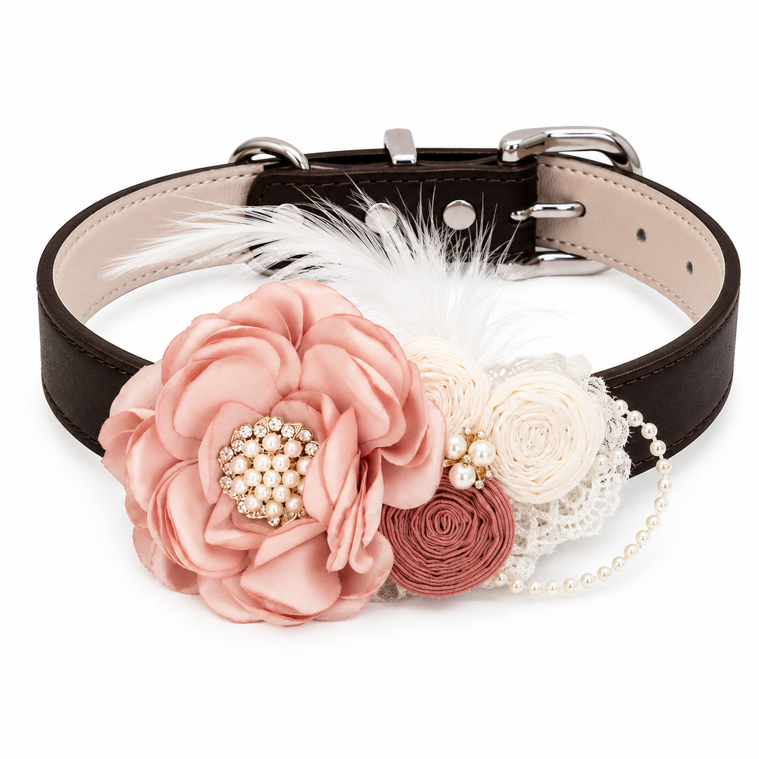 Blush Pink Floral Dog Collar with Pearl Accent and Feather Detail