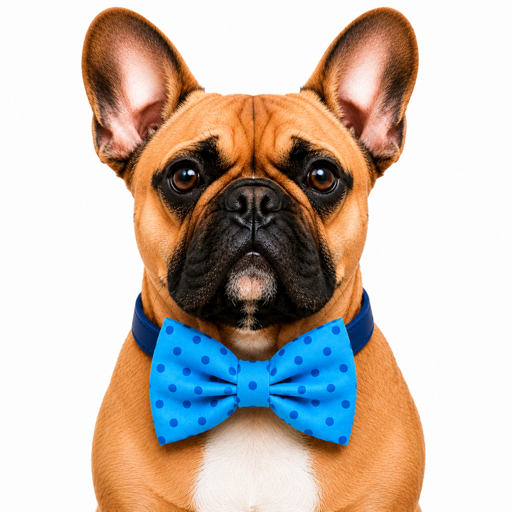 Sky Blue Polka Dot Dog Bow Tie Collar with Adjustable Navy Vegan Leather Collar