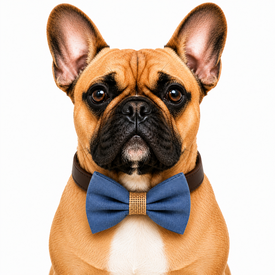 Blue and Brown Dog Bow Tie Collar with Adjustable Vegan Leather Collar for Dogs & Puppies
