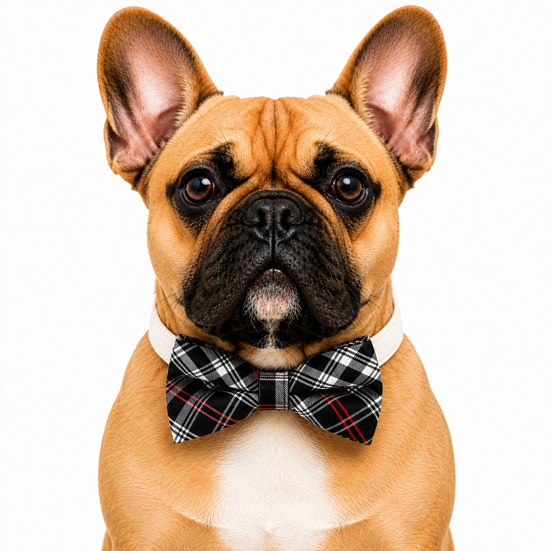 Black, White & Red Dog Bow Tie Collar with Adjustable Vegan Leather Collar for Dogs & Puppies