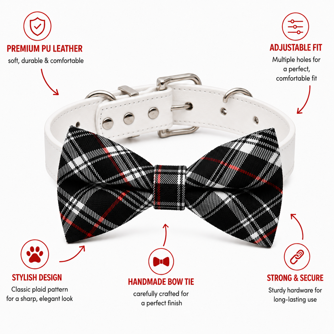 Black, White & Red Dog Bow Tie Collar with Adjustable Vegan Leather Collar for Dogs & Puppies
