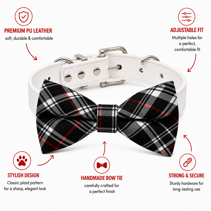 Black, White & Red Dog Bow Tie Collar with Adjustable Vegan Leather Collar for Dogs & Puppies