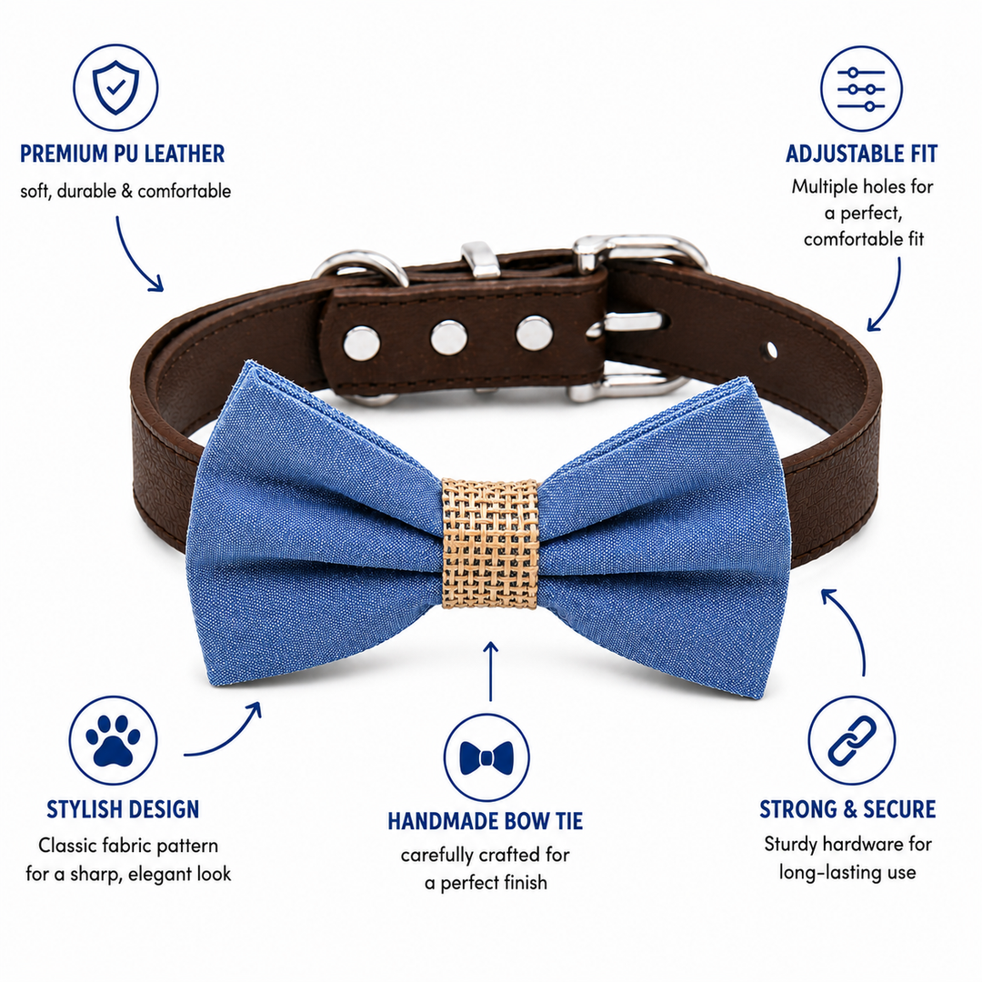 Blue and Brown Dog Bow Tie Collar with Adjustable Vegan Leather Collar for Dogs & Puppies