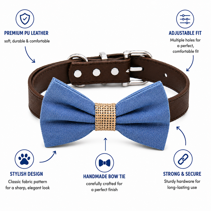 Blue and Brown Dog Bow Tie Collar with Adjustable Vegan Leather Collar for Dogs & Puppies