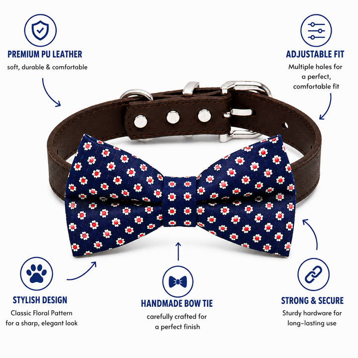 Blue Dog Bow Tie Collar with Adjustable Vegan Leather Collar for Dogs & Puppies