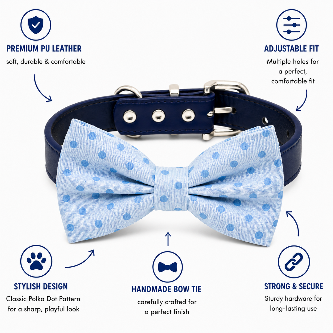 Blue Polka Dot Dog Bow Tie Collar with Adjustable Vegan Leather Collar for Dogs & Puppies