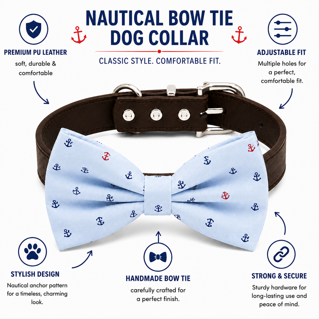 Blue Dog Bow Tie Collar with Adjustable Vegan Leather Collar for Dogs & Puppies