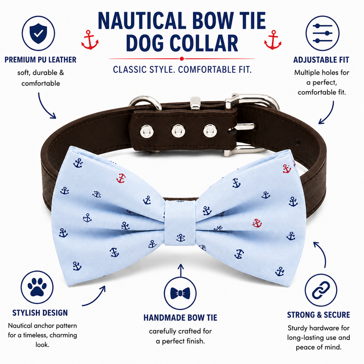 Blue Dog Bow Tie Collar with Adjustable Vegan Leather Collar for Dogs & Puppies