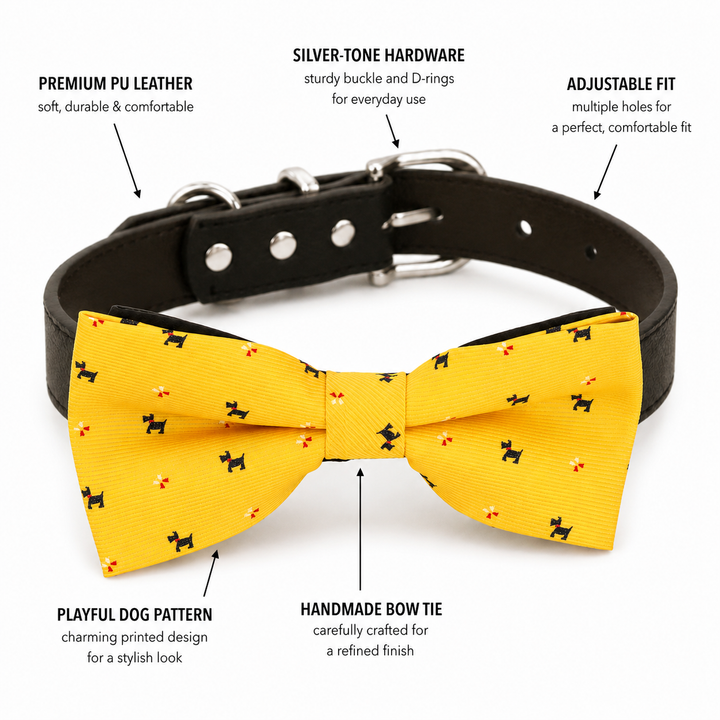 Yellow Scottish Terrier Dog Bow Tie Collar with Adjustable Black Vegan Leather Collar