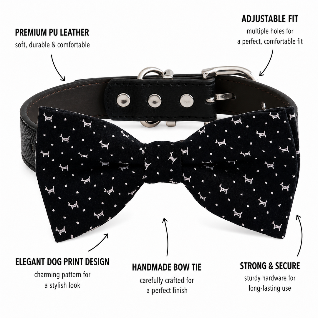 Black Dog Bow Tie Collar with Adjustable Vegan Leather Collar for Dogs & Puppies